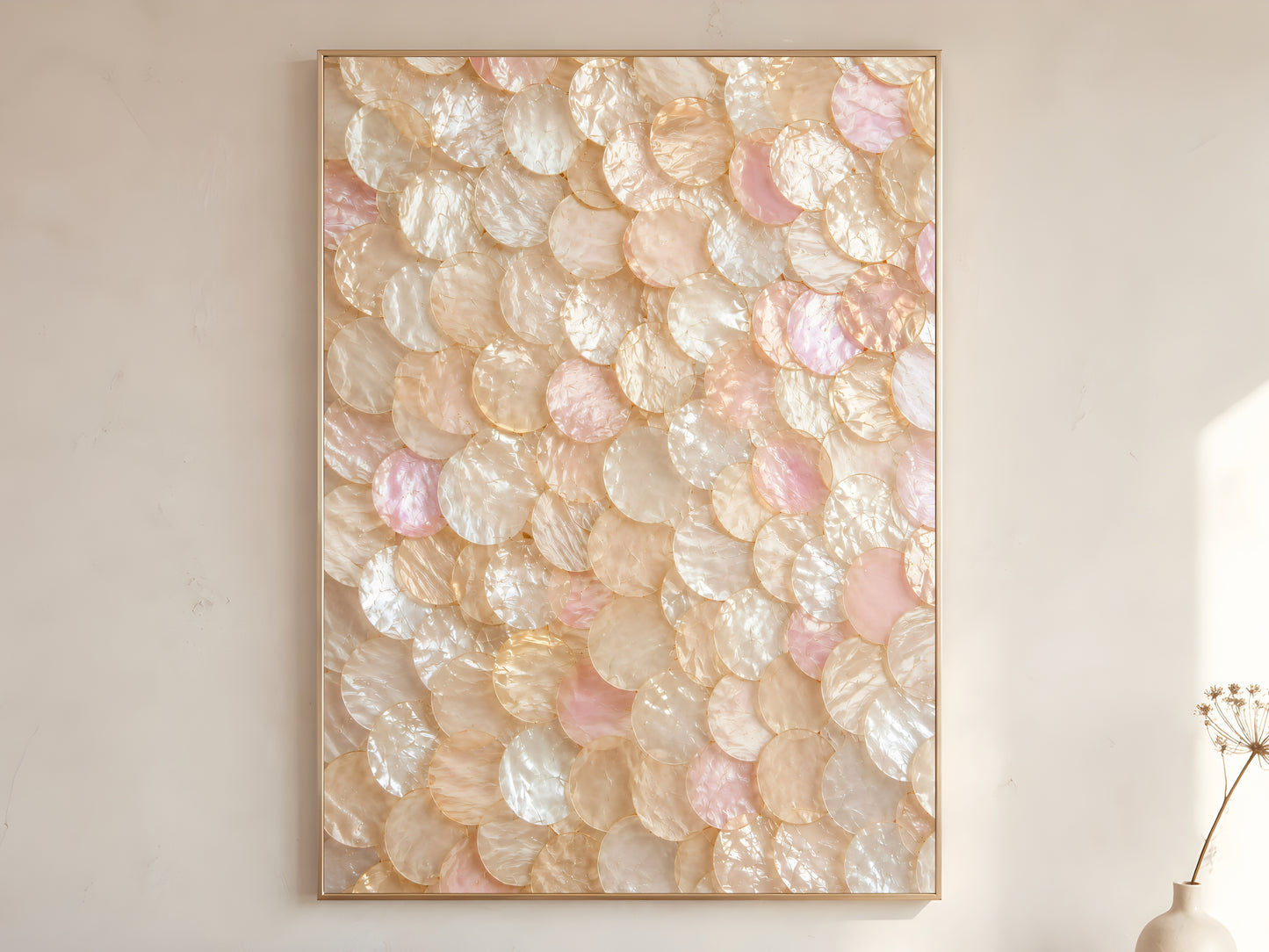 Blush capiz shell wall art printable featuring layered mother-of-pearl discs in champagne, ivory, and soft pink tones styled in a warm neutral interior.