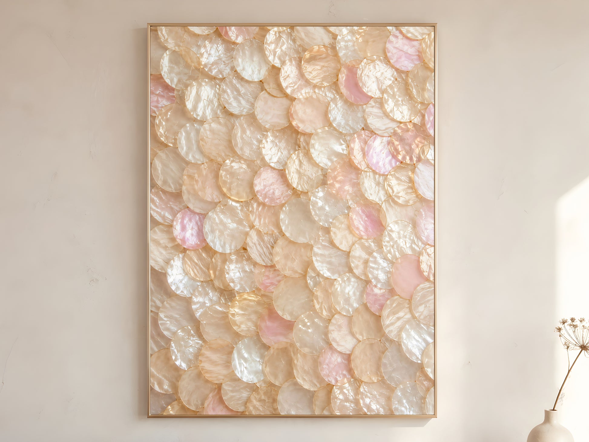 Blush capiz shell wall art printable featuring layered mother-of-pearl discs in champagne, ivory, and soft pink tones styled in a warm neutral interior.