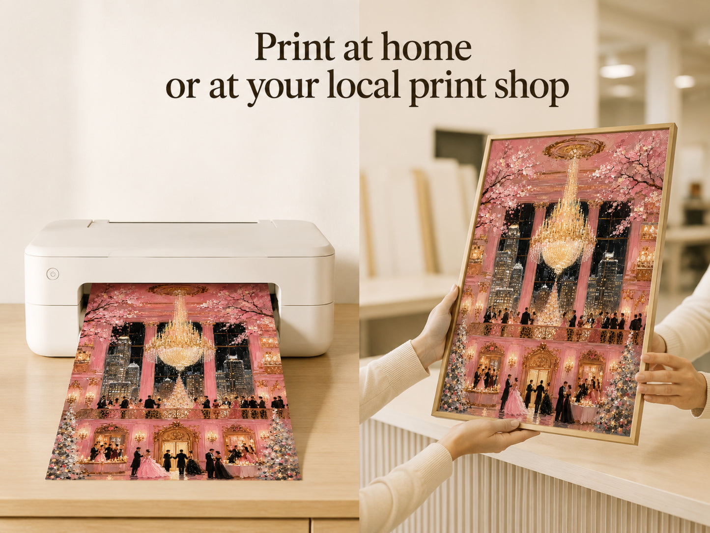 Hands holding printed pink fairytale ballroom chandelier art coming out of home printer with print at home text overlay
