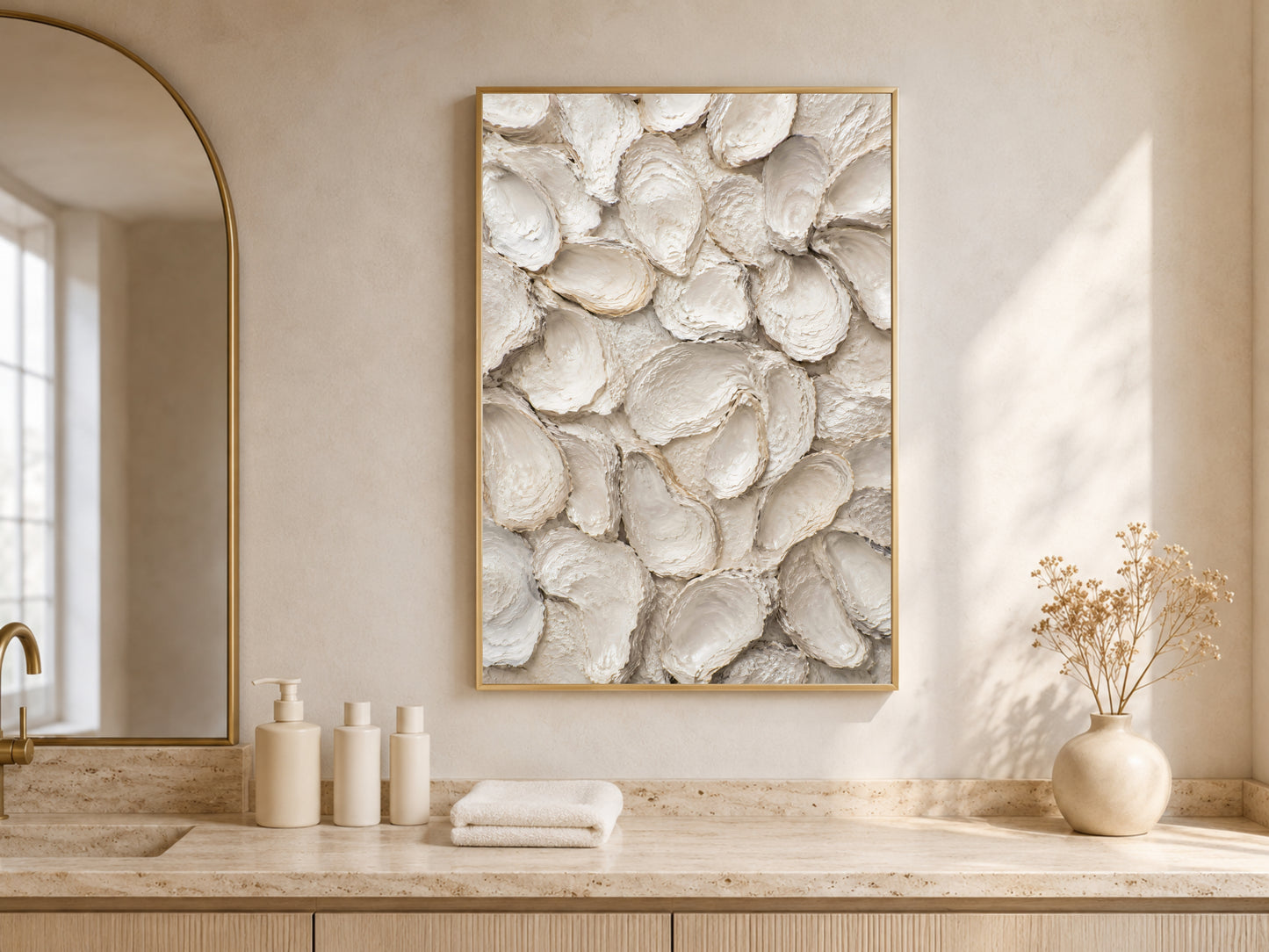 Neutral bathroom with an arched window, a wood vanity, and a framed whitewashed oyster shell print above the counter.