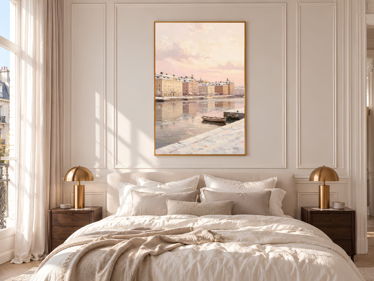 Snowy Winter City Painting Print, Pastel European Waterfront Art, Soft Pink Winter Wall Art, Printable Digital Download