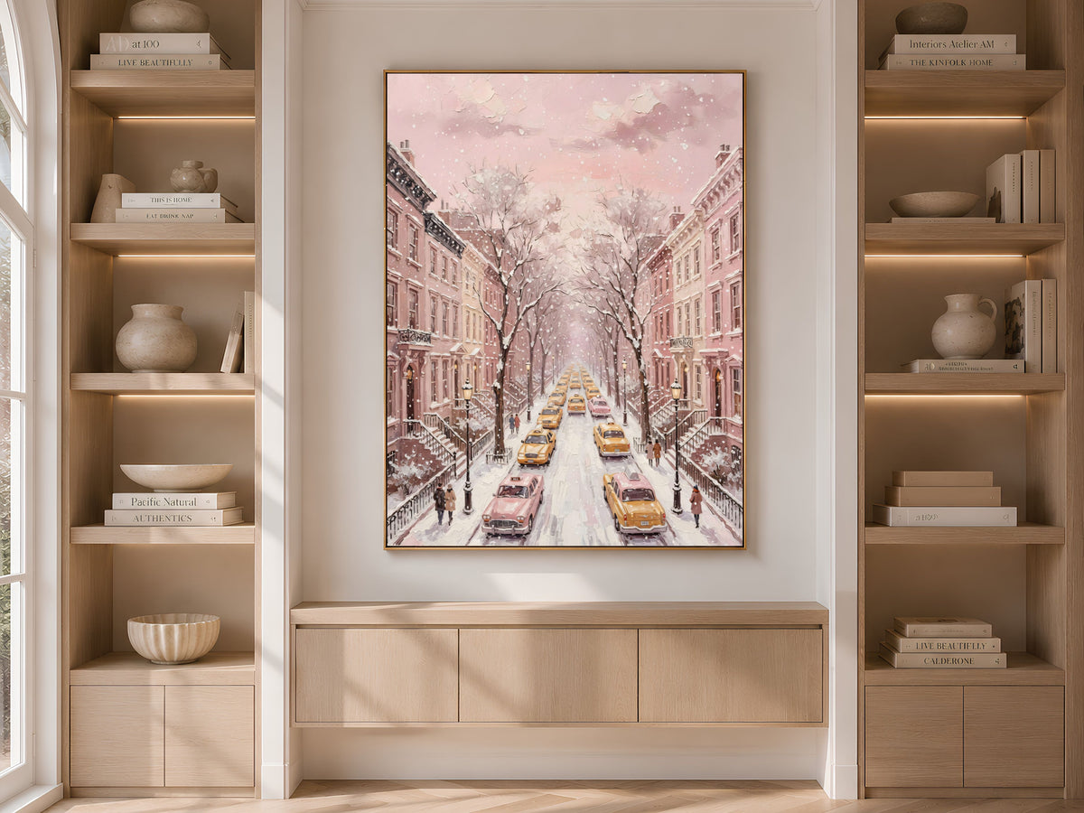 Pink NYC Taxi Wall Art, Snowy New York Street Print - Digital Download