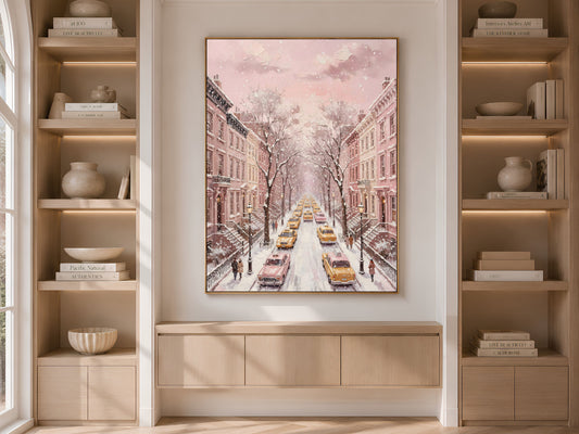 Pink NYC Taxi Wall Art, Snowy New York Street Print - Digital Download