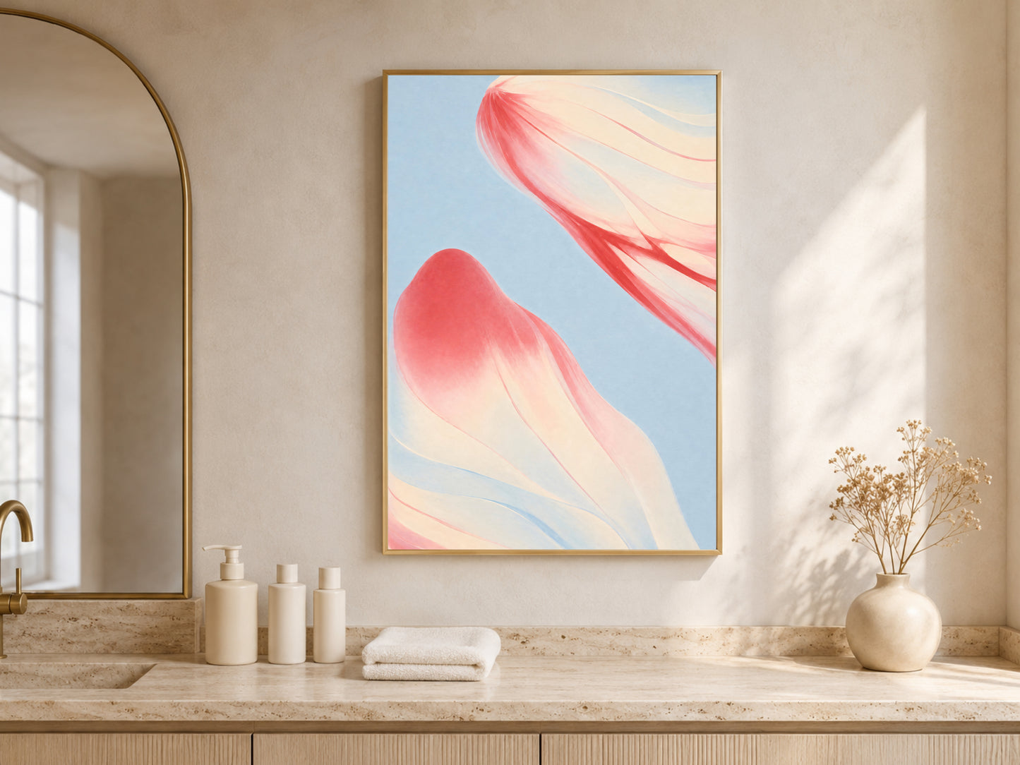 Coral and blue abstract art above bathroom vanity, modern coastal bathroom decor mockup