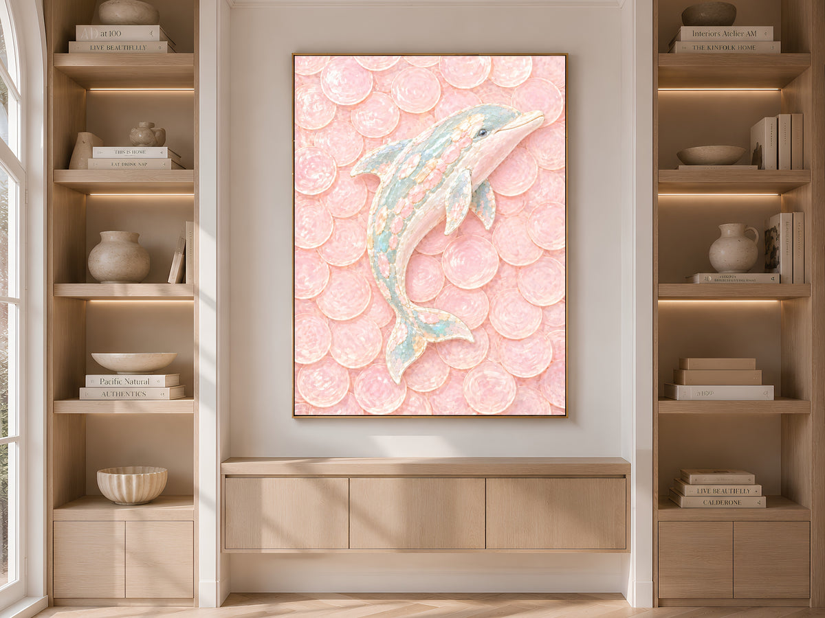 Pink Dolphin Mosaic Wall Art, Pastel Capiz Shell Print - Digital Download