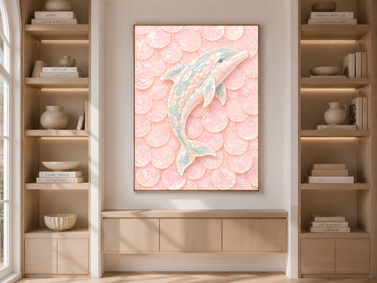 Pink Dolphin Mosaic Wall Art, Pastel Capiz Shell Print - Digital Download