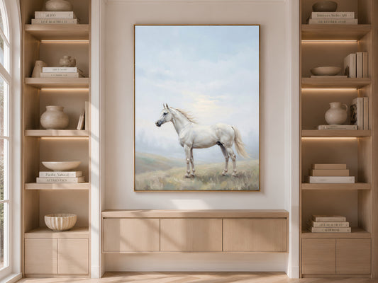 White Horse Wall Art, Misty Hills Oil Painting Print - Digital Download