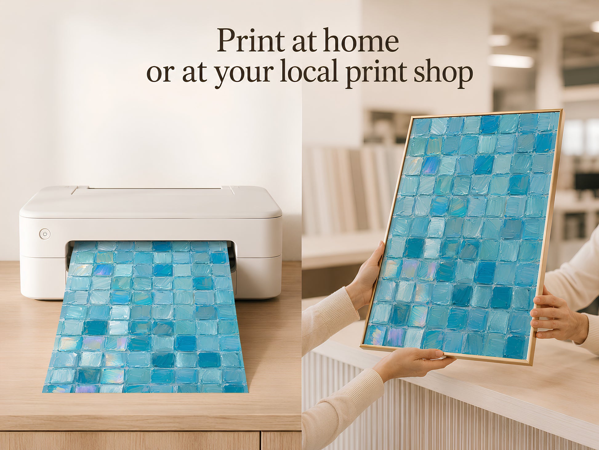 Hands holding printed turquoise aqua mosaic tile art coming out of home printer with print at home text overlay

