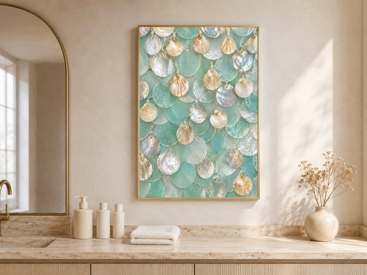 Seafoam capiz shell wall art framed above a bathroom counter with arched window