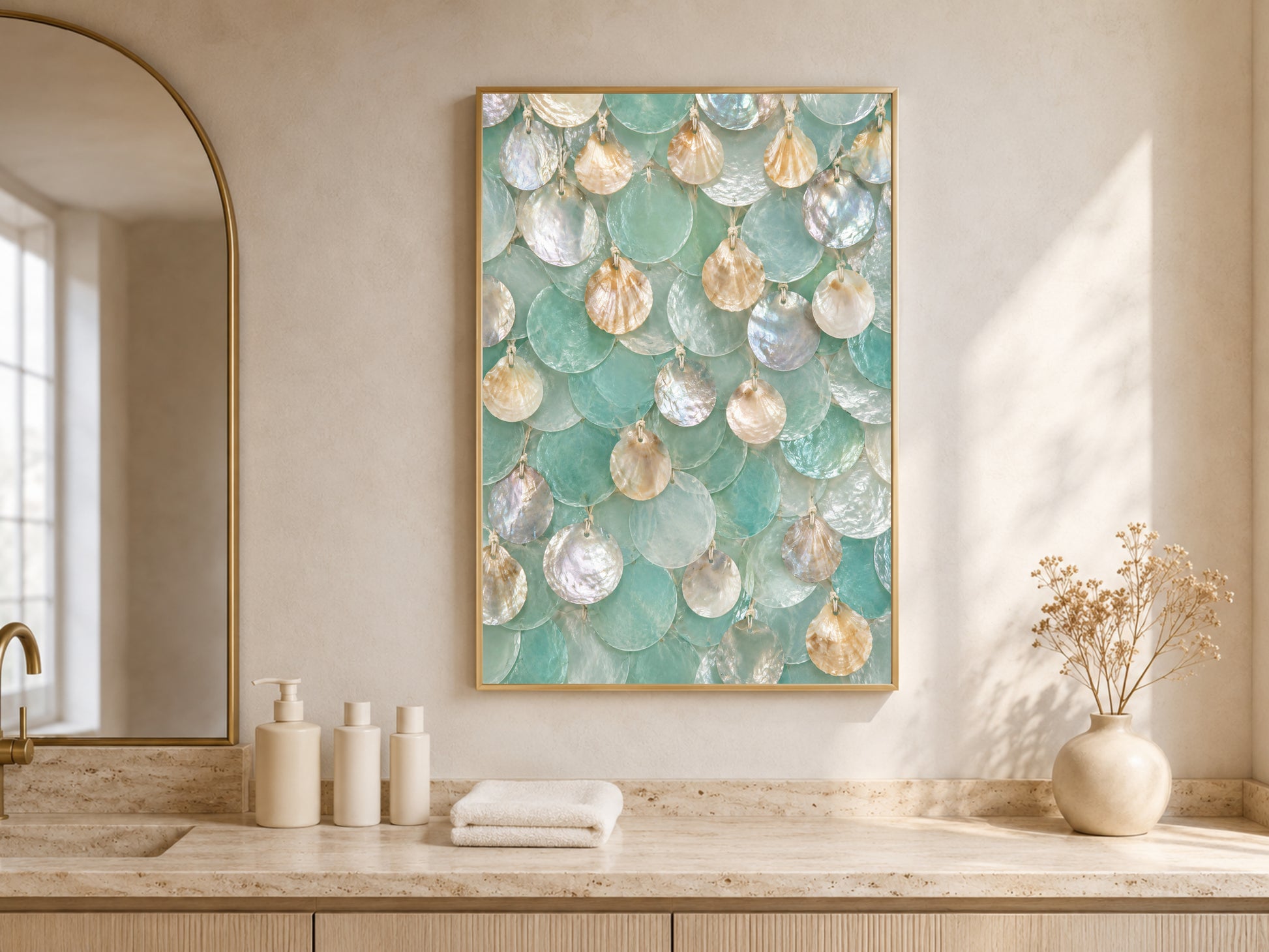 Seafoam capiz shell wall art framed above a bathroom counter with arched window
