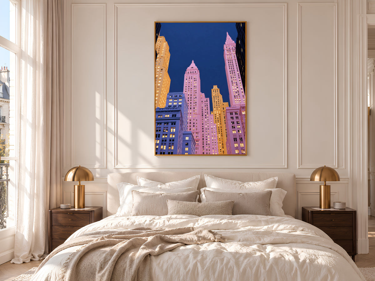 Pink City Skyline Wall Art Print, New York Inspired Art Deco Skyscrapers at Night, Pastel Pink and Navy Printable Decor, Digital Download