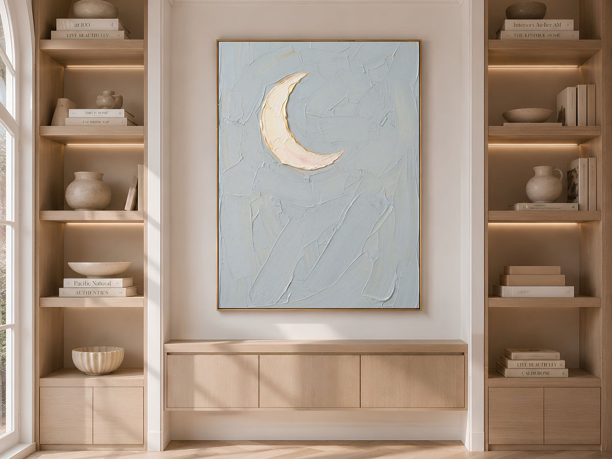 Minimalist Moon Wall Art, Impasto Oil Painting Print - Digital Download