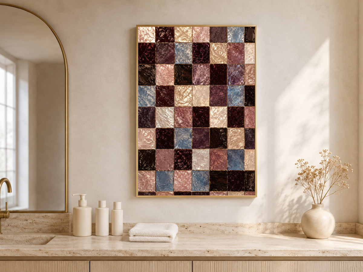 Moody mosaic wall art framed above a bathroom vanity beneath an arched window