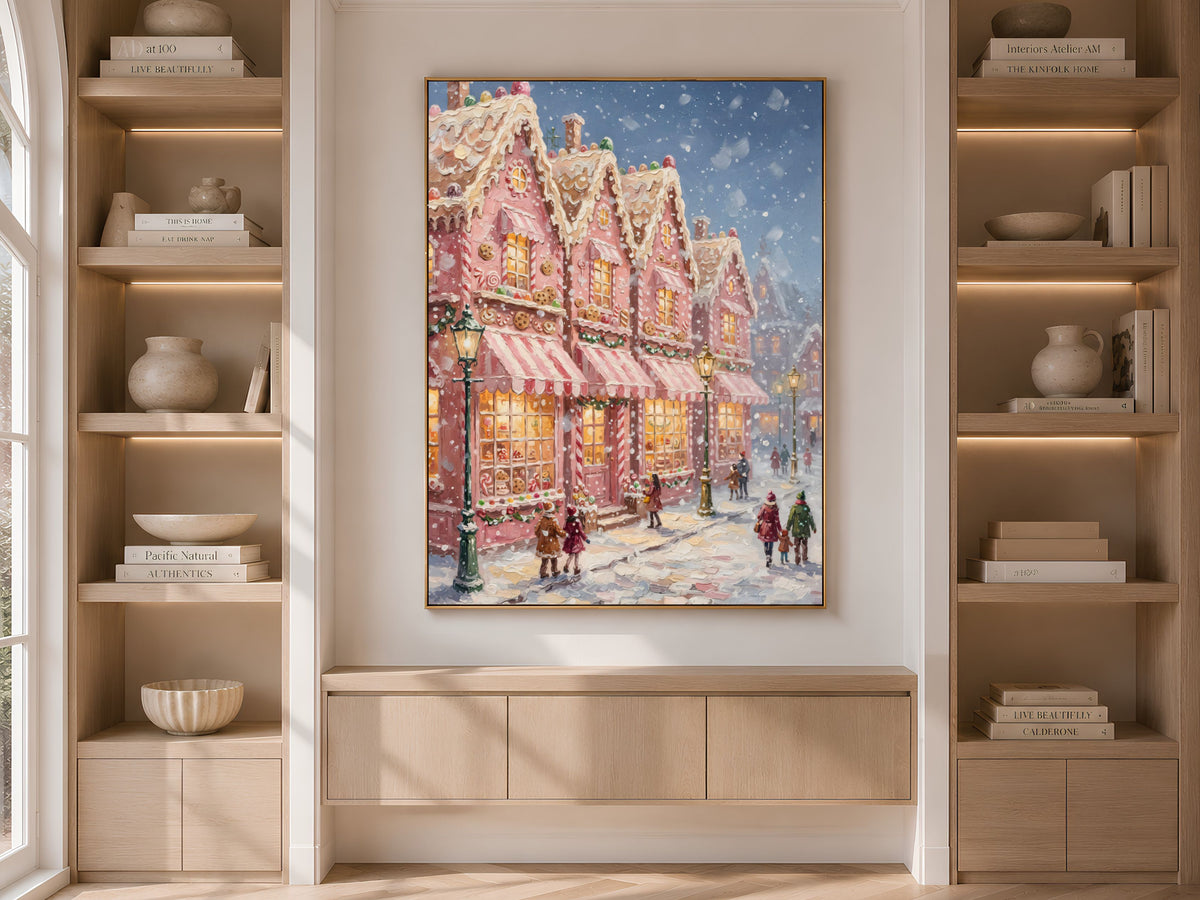 Gingerbread Village Wall Art, Candyland Christmas Street Print - Digital Download