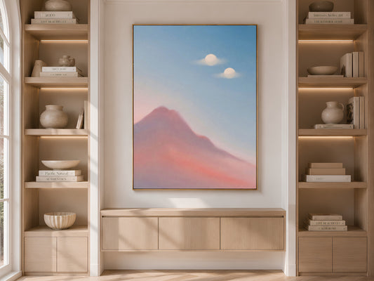 Surreal Mountain Oil Painting, Two Moons Wall Art, Pastel Pink Blue Dreamy Landscape Print, Minimalist Celestial Decor, Instant Download
