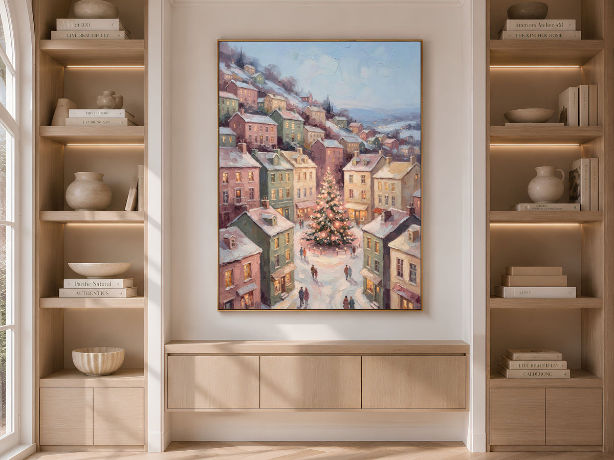 Scandinavian Christmas Wall Art, Pastel Town Square Print - Digital Download