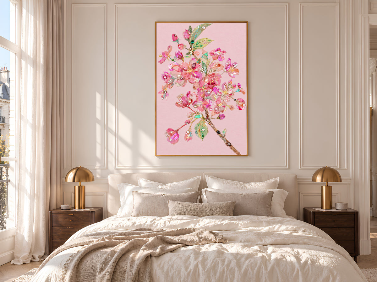 Pink Cherry Blossom Wall Art Print, Embroidery Style Floral Collage with Pearls and Sequins, Printable Coquette Decor, Digital Download