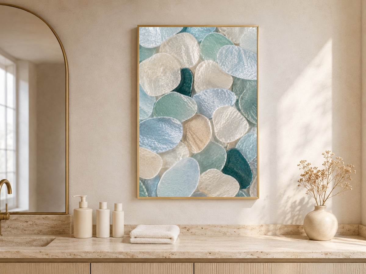 Teal Sea Glass Capiz Shell Wall Art, Deep Blue Ombre Print - Digital Download