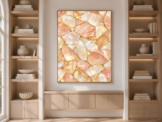Peach Mother of Pearl Wall Art, Apricot Shell Mosaic Print, Gold Kintsugi, Warm Blush Bedroom Decor, Riviera Summer Poster, Instant Download