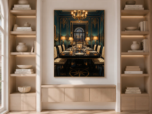 Art Deco Dining Room Wall Art, Teal Gold 1920s Interior Oil Painting - Digital Download