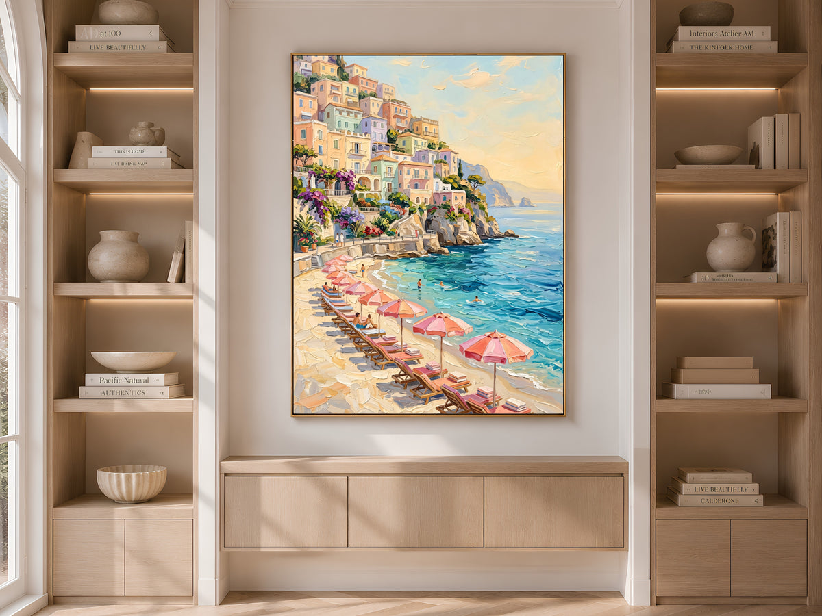 Positano Wall Art, Amalfi Coast Beach Club Oil Painting Print - Digital Download