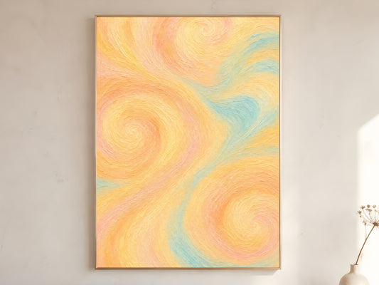Pastel swirl abstract wall art print in wooden frame on a cream wall, butter yellow, peach, and seafoam swirl pattern, with a stoneware vase and dried branches.

