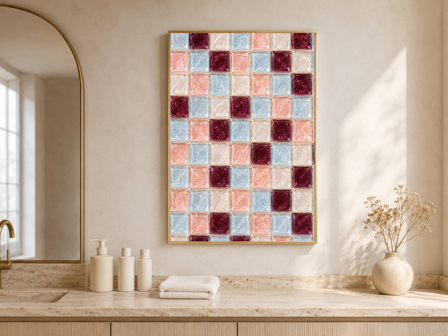 Powder blue tile print framed above a bathroom vanity counter with candles