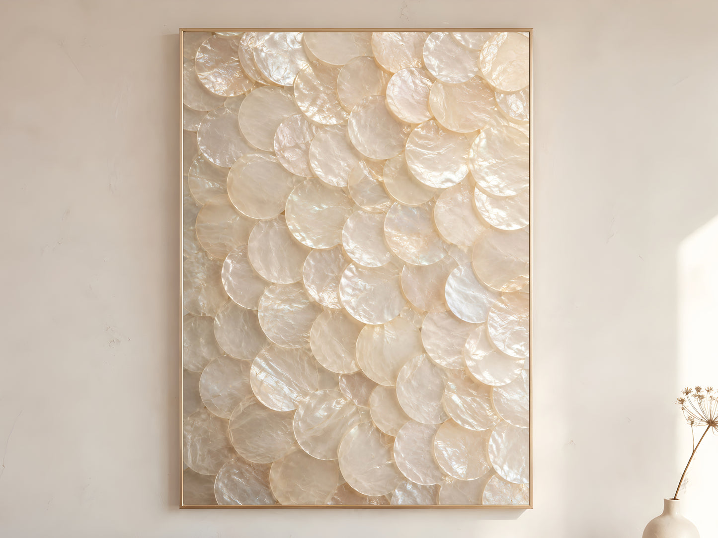 Neutral capiz shell wall art printable featuring layered mother-of-pearl discs in warm ivory and champagne tones styled in a minimalist luxury interior.