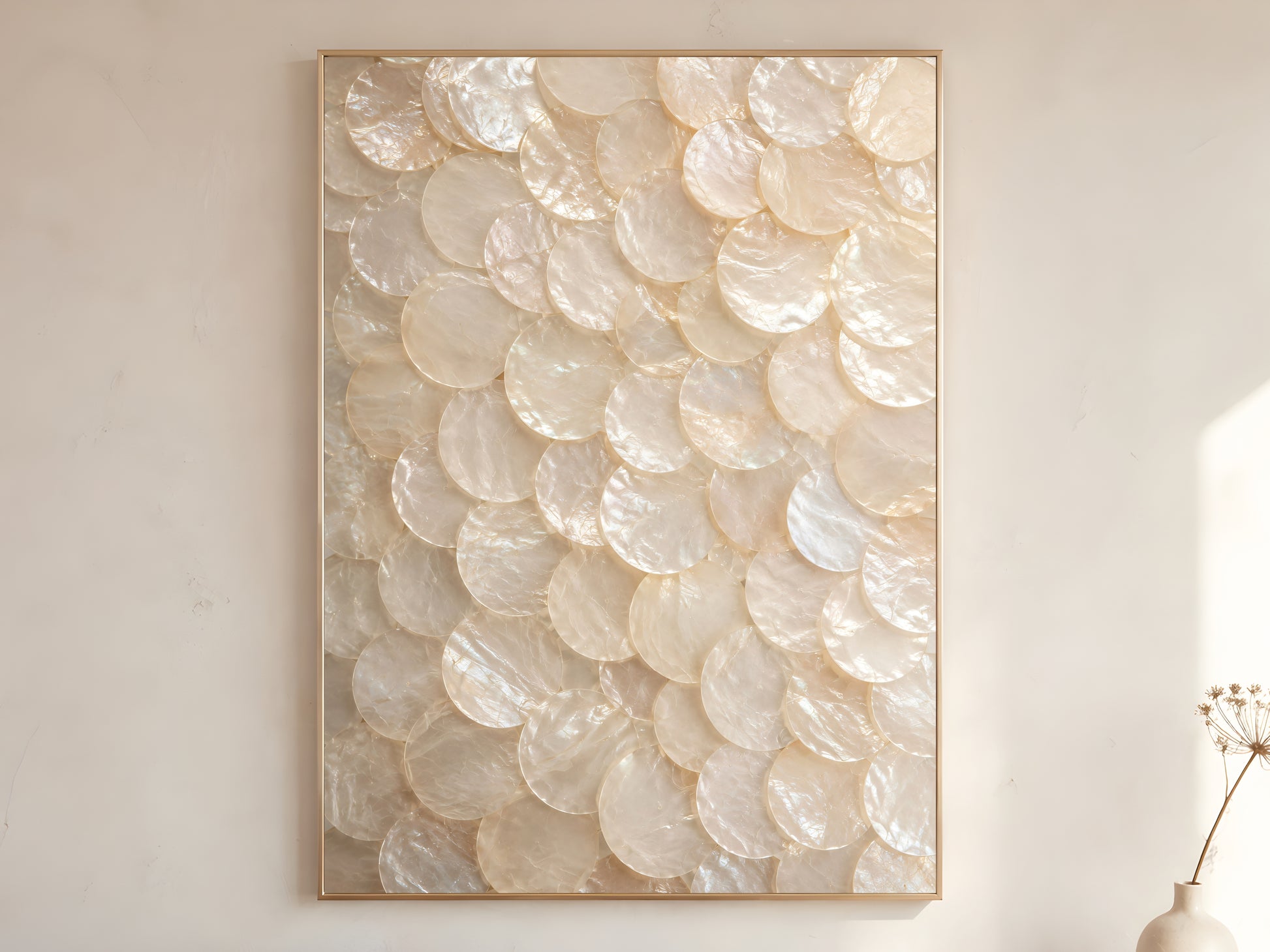 Neutral capiz shell wall art printable featuring layered mother-of-pearl discs in warm ivory and champagne tones styled in a minimalist luxury interior.