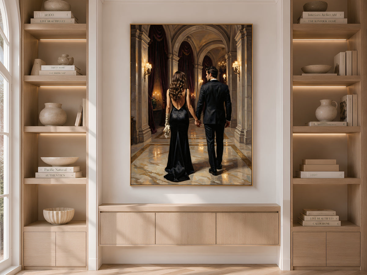 Dark Academia Couple Wall Art, Elegant Gala Hallway Oil Painting Print - Digital Download