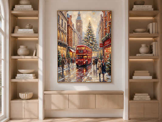 London Christmas Wall Art, Vintage Oil Painting Print - Digital Download