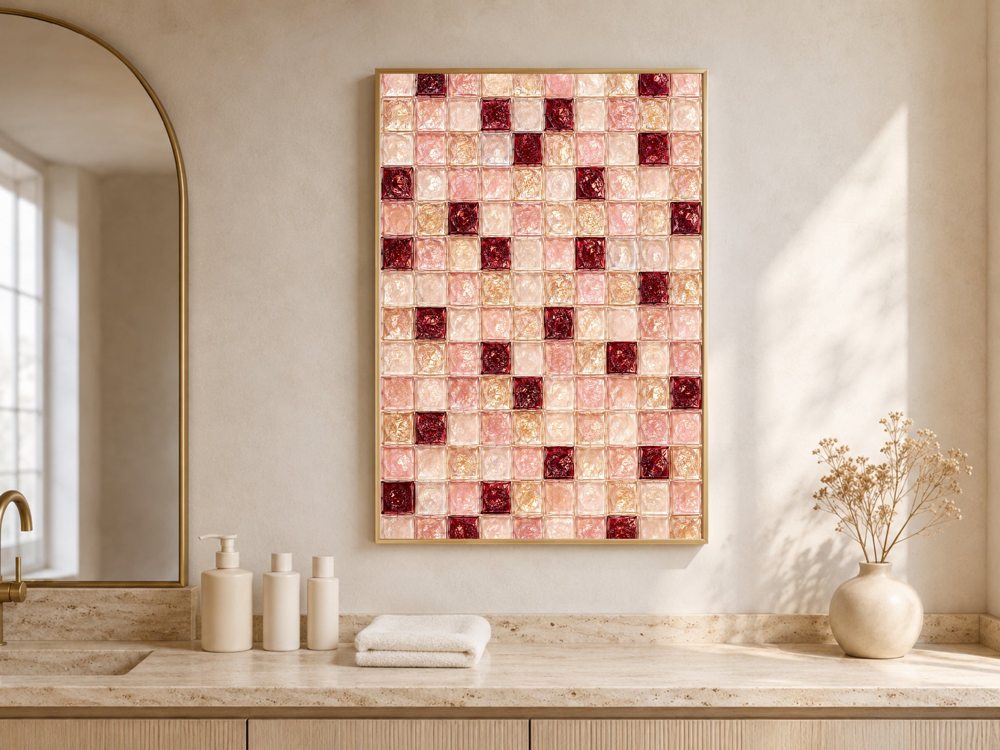 Ruby red and blush tile print framed above a bathroom vanity counter with candles