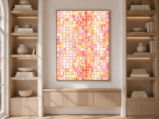 Pink and Orange Abstract Wall Art, Glossy Tile Grid Print, Colorful Mosaic Painting, Dopamine Decor, Printable Digital Download