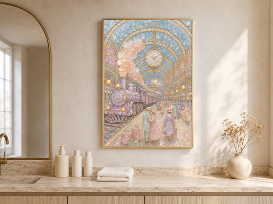 Pastel Vintage Train Station Wall Art, Whimsical Mosaic Print - Digital Download