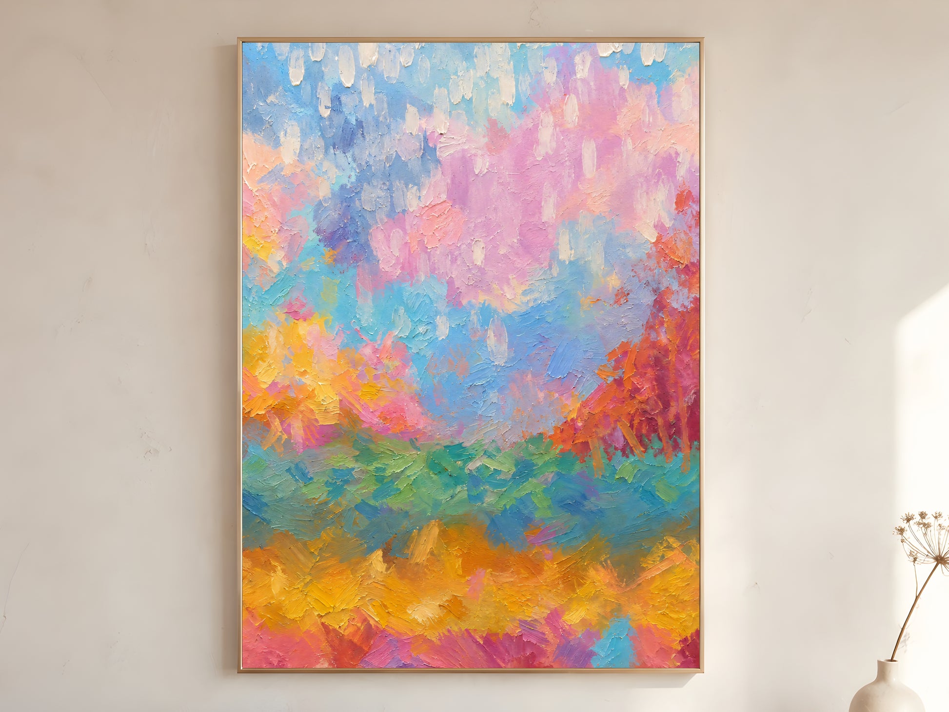 Rainbow abstract landscape wall art in gold frame on neutral wall beside dried flowers

