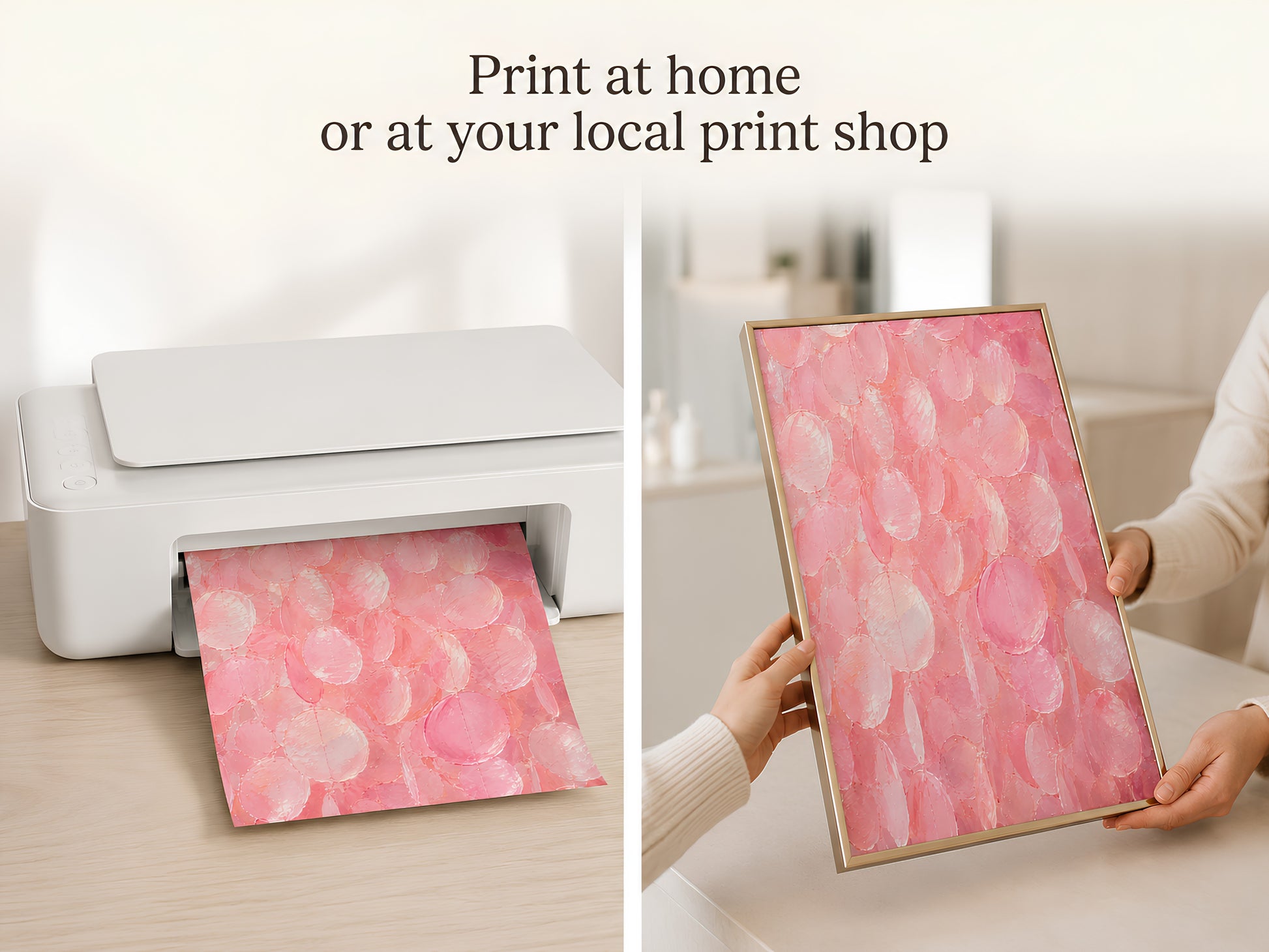 Print at home or at your local print shop slide showing hands holding the pink capiz shell print beside a white home printer
