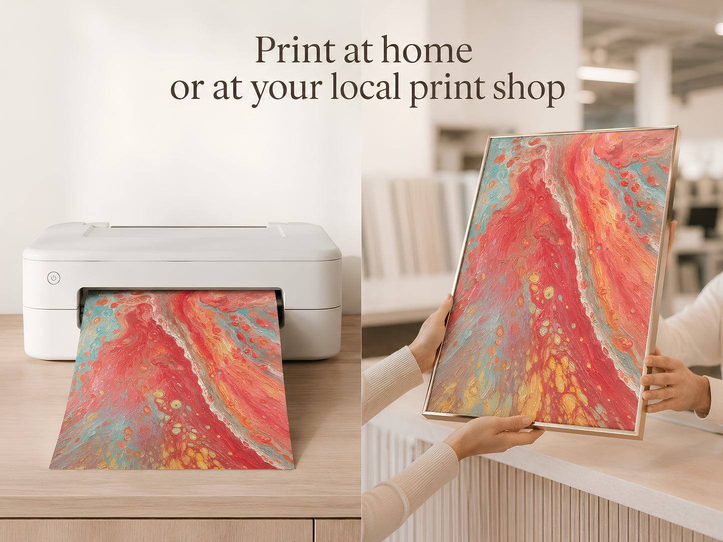 Hands holding printed coral red abstract swirl art coming out of home printer with print at home text overlay
