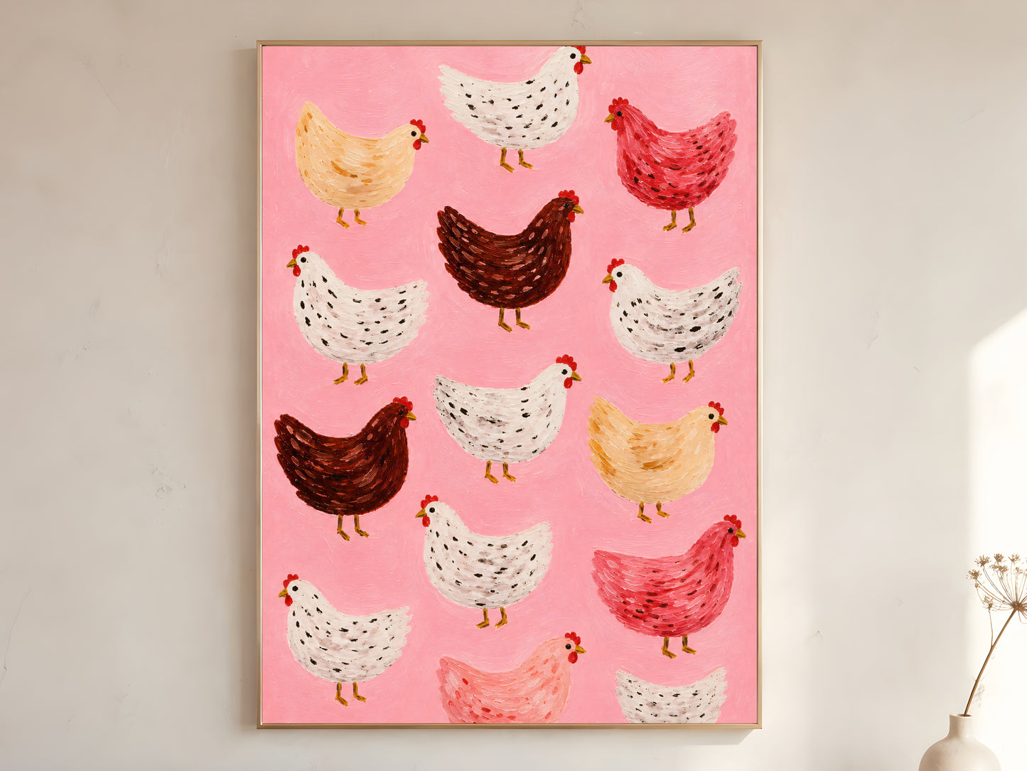 Large framed impasto flock of chickens wall art in gold frame leaning against white wall with dried botanicals in bright minimal room
