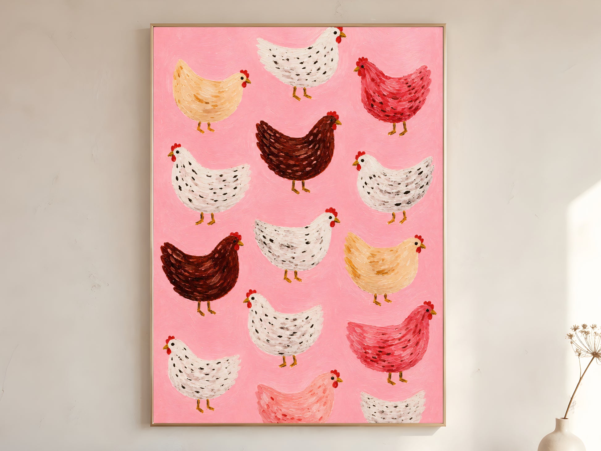 Large framed impasto flock of chickens wall art in gold frame leaning against white wall with dried botanicals in bright minimal room
