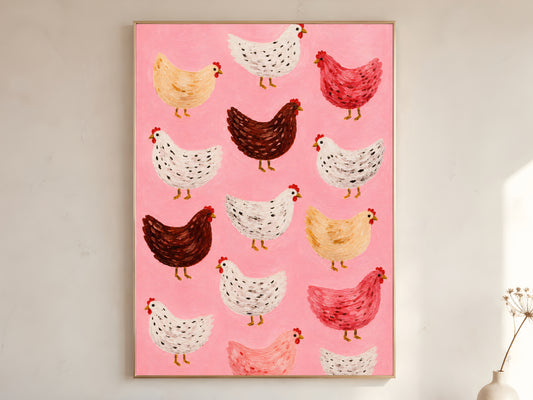 Large framed impasto flock of chickens wall art in gold frame leaning against white wall with dried botanicals in bright minimal room
