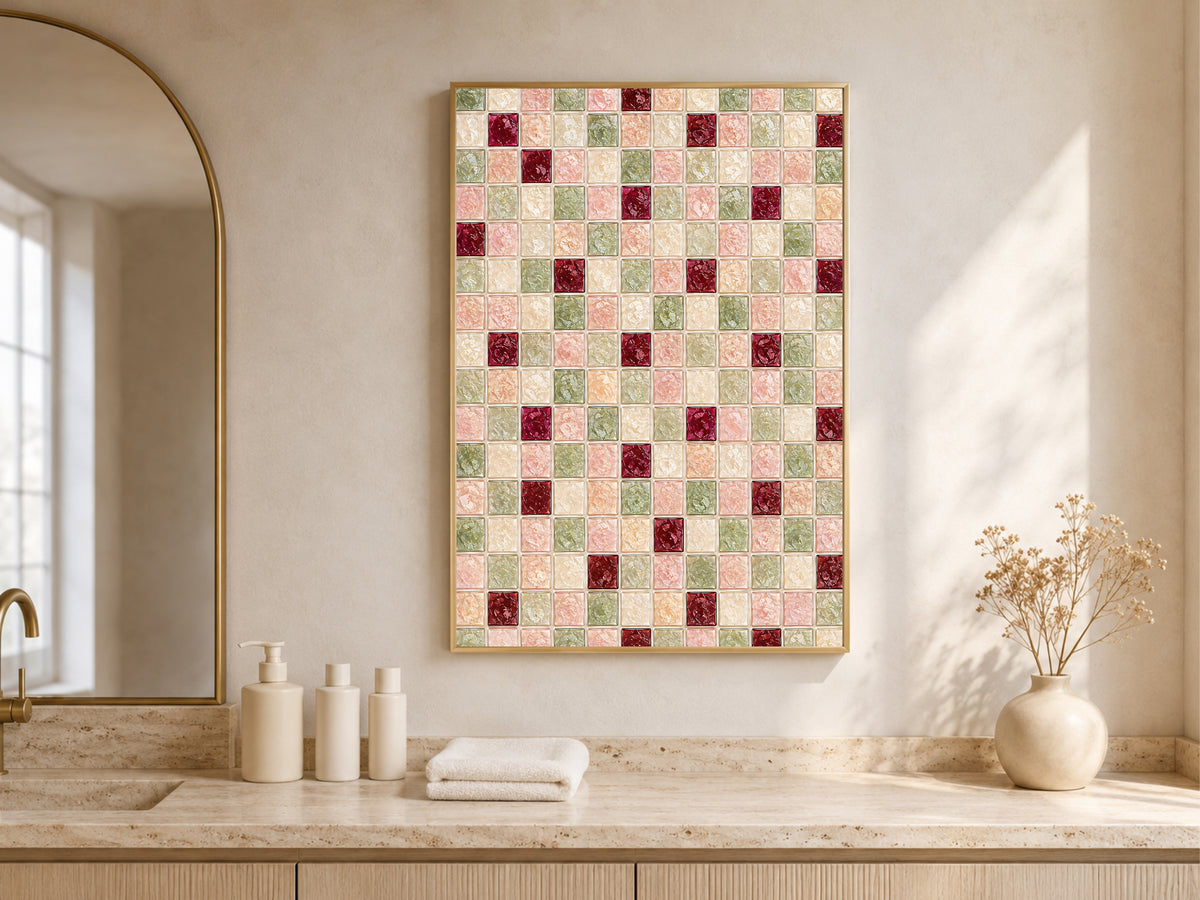 Sage green blush mosaic wall art framed above a bathroom counter with candles and neutral decor