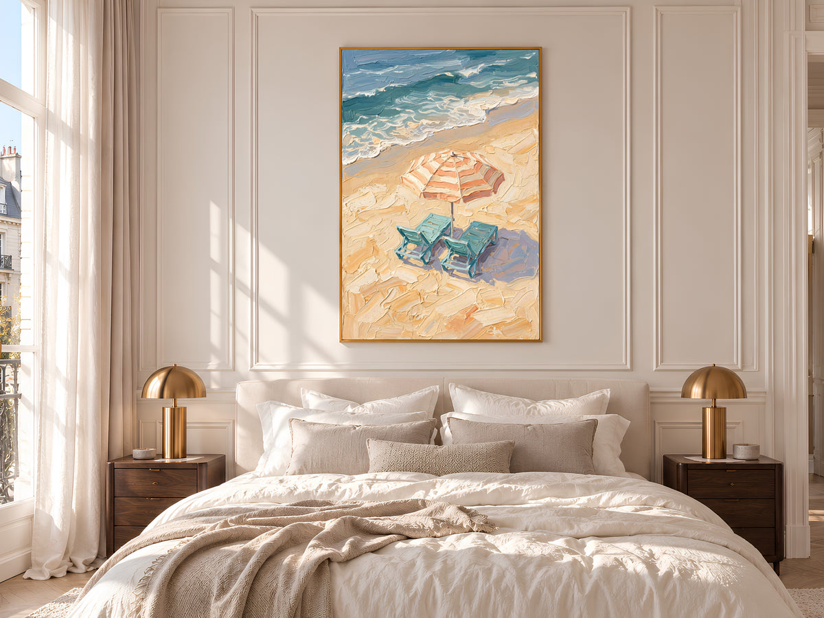Beach Umbrella Painting Print, Striped Parasol Seaside Art, Textured Coastal Wall Art, Printable Digital Download