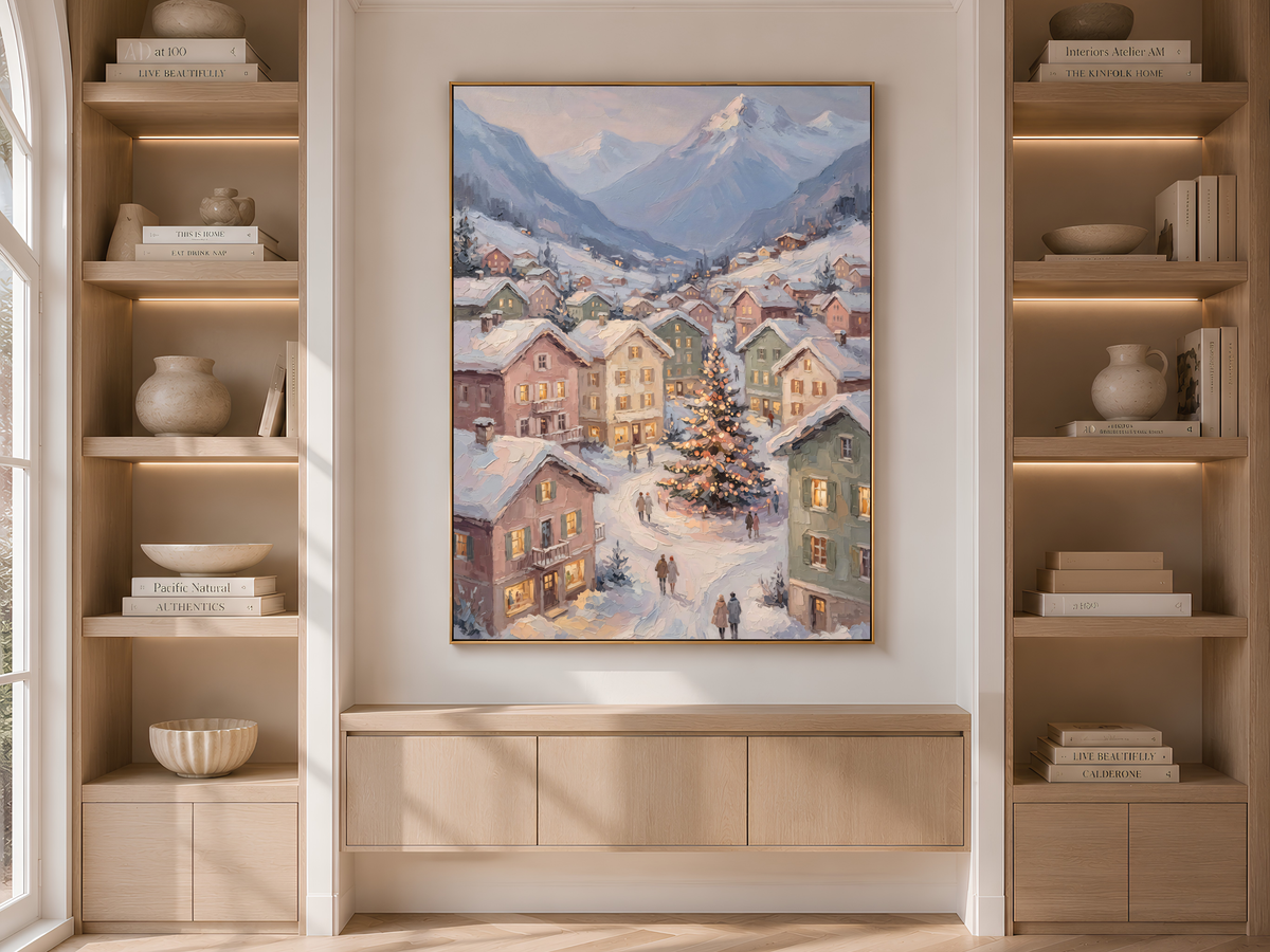 Alpine Christmas Village Wall Art, Snowy Mountain Town Print - Digital Download