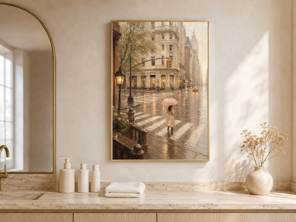 Woman with Umbrella Wall Art, Pink Umbrella Print, Rainy City Painting - Digital Download