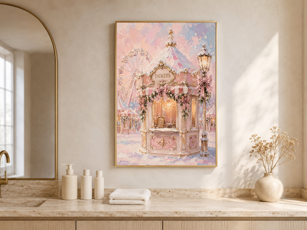 Pastel carnival wall art framed above a bathroom vanity beneath a window