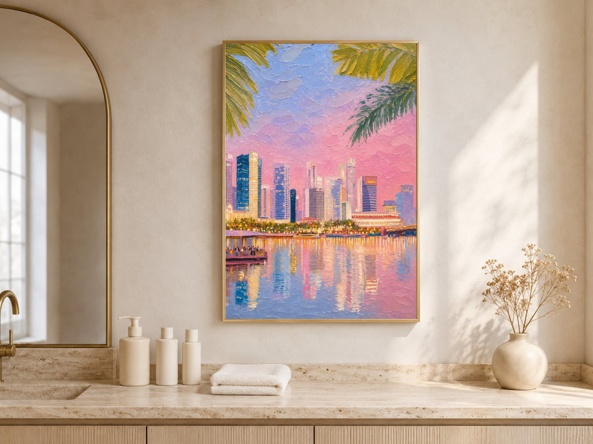 Tropical city skyline wall art with palm leaves above a bathroom vanity
