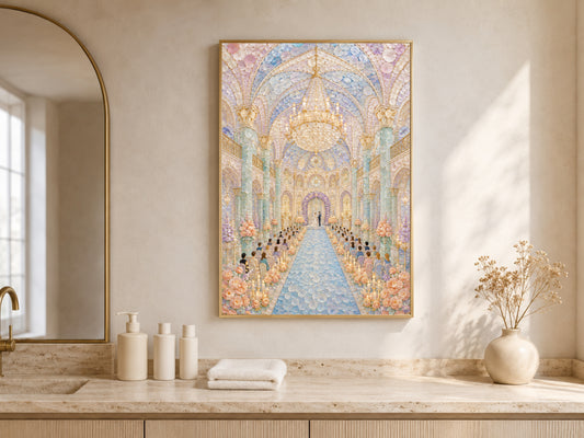 Pastel Wedding Chapel Wall Art, Whimsical Mosaic Cathedral Print - Digital Download