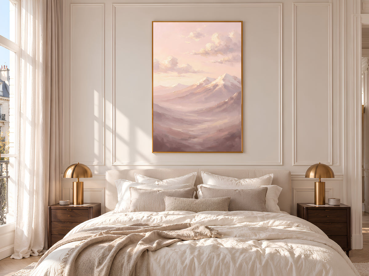 Blush Pink Mountain Painting Print, Pastel Landscape Art, Soft Mauve Wall Art, Printable Digital Download