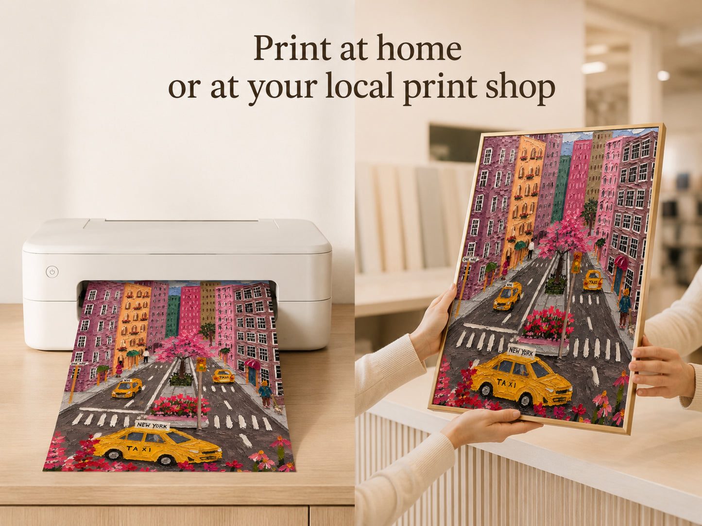 Hands holding printed colorful NYC taxi aerial art coming out of home printer with print at home text overlay
