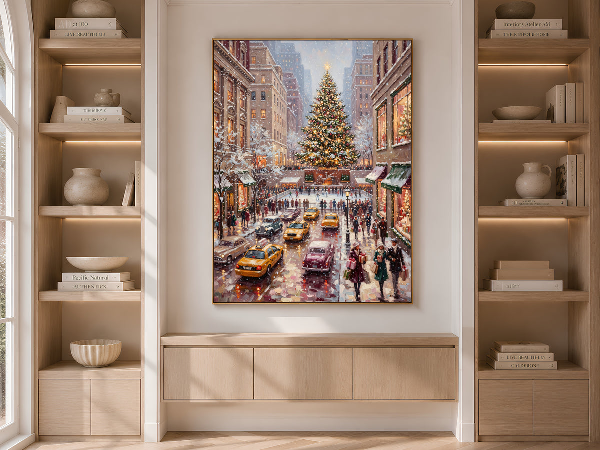Rockefeller Center Christmas Wall Art, Vintage NYC Oil Painting Print - Digital Download